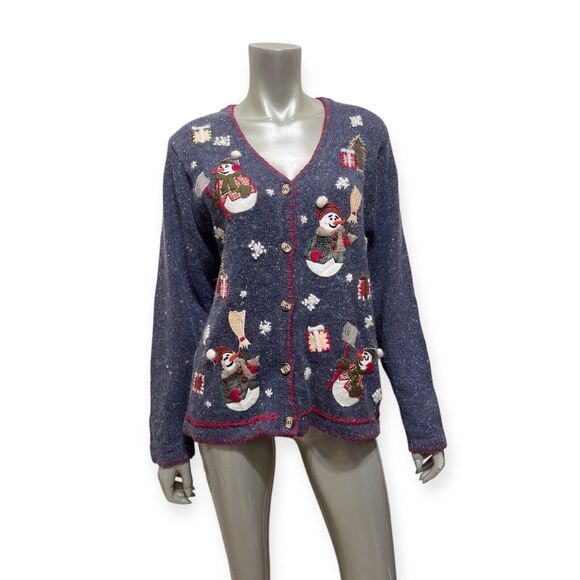 Vintage 90s Christmas Cardigan Sweater Medium Snowmen Blue Speckled Angora Tree - Picture 6 of 12